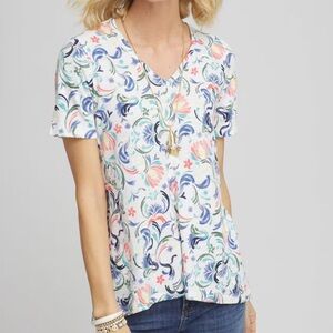 Chico's Floral Slub V-Neck Tee Short Sleeve Tee in Paint Garden Cotton Blend XL